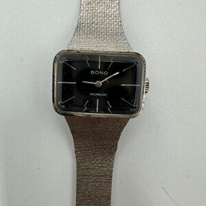 Vintage Bono Watch Women Silver Tone Black Dial Damaged Band Manual Wind 7.5"